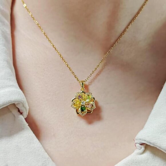 Women Gold Flower Fidget Colorful Necklace Rotatable Crystal Blossom Pendant - Picture 4 of 7